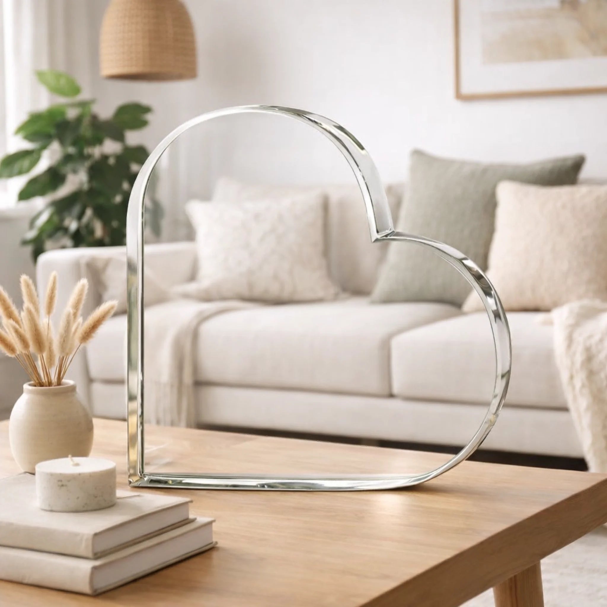 
                  Herzförmige Glasvitrine auf Beistelltisch
                